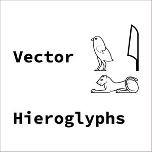 May include: Black and white vector illustration of three ancient Egyptian hieroglyphs. The hieroglyphs depict a bird, a knife, and a lion.