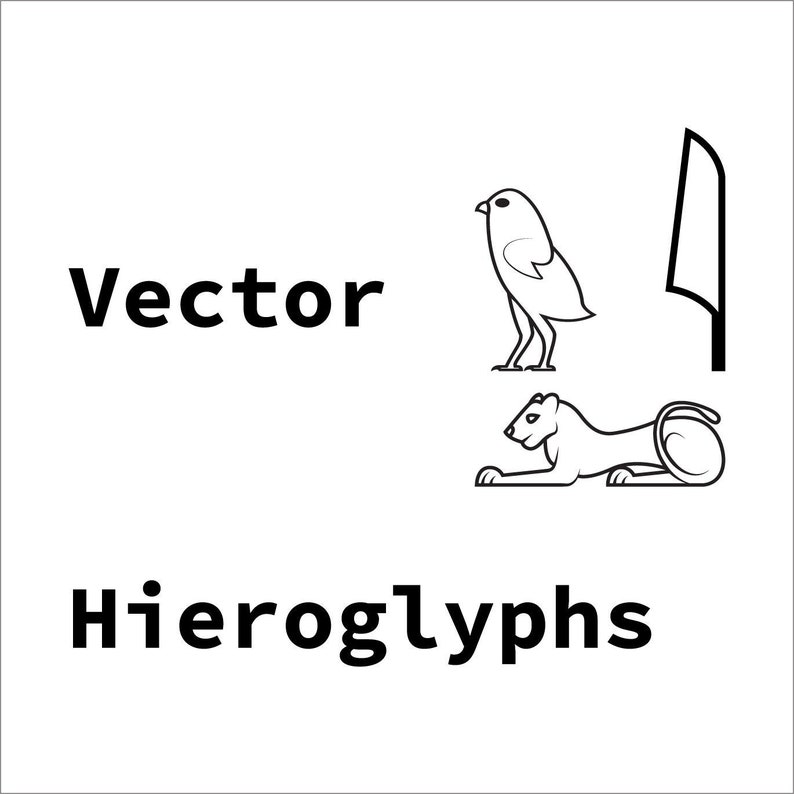 May include: Black and white vector illustration of three ancient Egyptian hieroglyphs. The hieroglyphs depict a bird, a knife, and a lion.