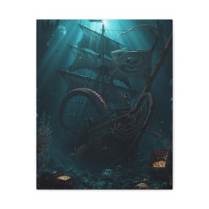 Pirate Ship Matte Canvas Wall Art, Nautical Home Decor, Ocean Adventure Artwork, Unique Gift for Sailors, Mythical Sea Creatures