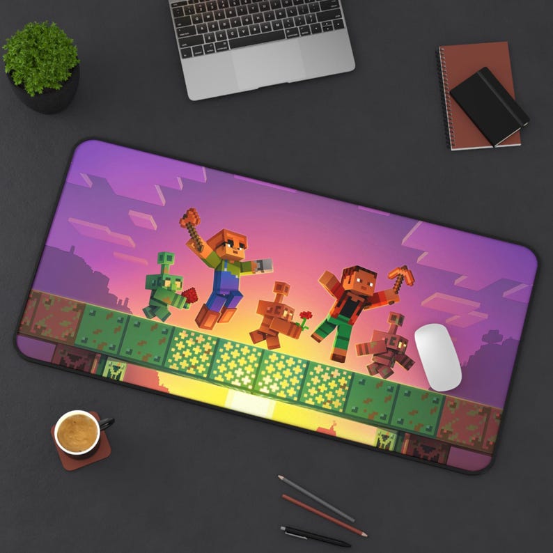 Minecraft Inspired Gaming Desk Mat | Pixel Game Scene, Sunset Adventure ...