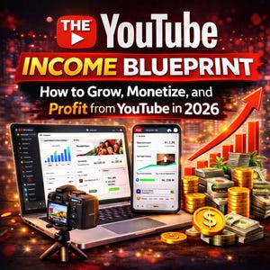 May include: A promotional image with the text "THE YouTube INCOME BLUEPRINT" and "How to Grow, Monetize, and Profit from YouTube in 2026." The image includes a laptop, smartphone, camera, money, and a rising graph, suggesting a business or financial theme.