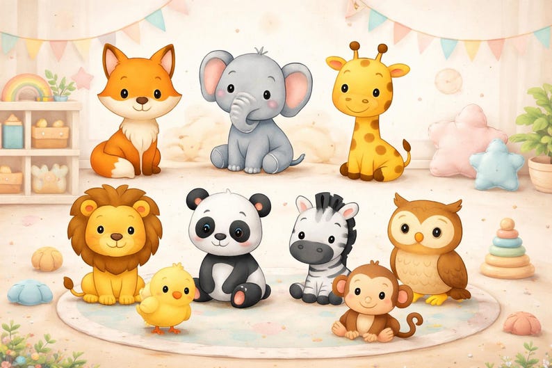 Nursery Cute Baby Animals Decor for Kids Room – Fox Elephant Giraffe ...