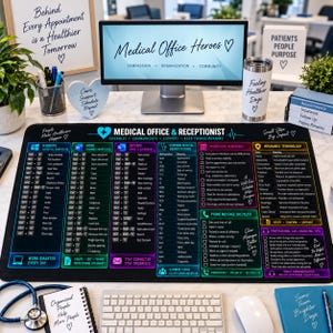 May include: A black desk mat featuring a colorful grid of medical office shortcuts, insurance terminology, and communication checklists. The mat includes text sections for Windows, Word, Outlook, medical abbreviations, and professional call-handling tips.