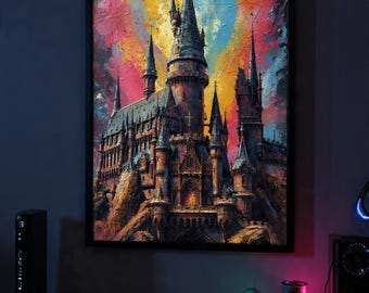 Stampa artistica satinata di un castello fantastico / Decorazione murale a tema fiabesco e colorato