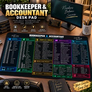May include: A black desk pad featuring white, blue, green, yellow, and purple text and icons. It displays Windows and Excel shortcuts, common formulas, bookkeeping basics, a monthly close checklist, financial ratios, and percentage calculations.
