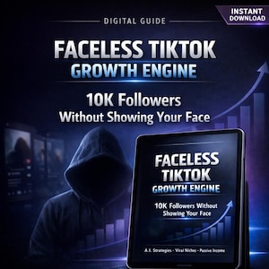 以下が含まれることがあります： 「FACELESS TIKTOK GROWTH ENGINE」というタイトルのデジタルガイド。テキストは「10K Followers Without Showing Your Face」。タブレットにも同じタイトルとテキストが表示されています。フード付きの人物と上昇する棒グラフも表示されています。
