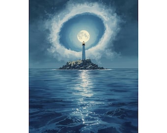 Moonlit Lighthouse Poster: Nautical Coastal Art Print 16x20