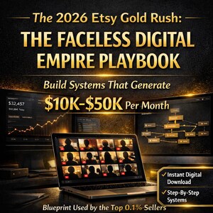Könnte beinhalten: Werbebild mit goldenem Text auf dunklem Hintergrund. Der Text wirbt für "The 2026 Etsy Gold Rush: THE FACELESS DIGITAL EMPIRE PLAYBOOK" und "Build Systems That Generate 9K€-46K€ pro Monat." Ein Laptop zeigt einen Videoanruf, und zwei Monitore zeigen Daten und Diagramme.