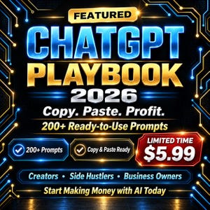 May include: A digital graphic titled FEATURED CHATGPT PLAYBOOK 2026 with the text Copy. Paste. Profit. 200+ Ready-to-Use Prompts. It includes labels for 200+ Prompts, Copy & Paste Ready, and a price of $5.99, targeting Creators, Side Hustlers, and Business Owners.