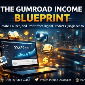 May include: A laptop displays a financial chart with the text "$5,240 Today." The image promotes "The Gumroad Income Blueprint" with text including "How to Create, Launch, and Profit from Digital Products." Gold dollar signs and other digital elements are scattered around the laptop.