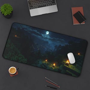 Moonlit Minecraft Inspired Night Desk Mat | Gaming Deskpad, Pixel Landscape