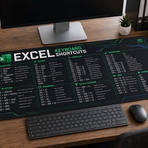 XL Excel-skrivbordsmatta med kortkommandon, fusklapp för kontoret, teknikinspirerad design (32 x 16 tum)