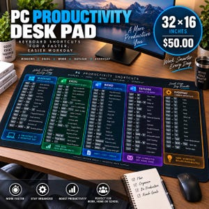 Peut inclure: Un tapis de bureau rectangulaire noir comportant cinq sections codées par couleur avec des raccourcis clavier pour Windows, Excel, Word, Outlook et les tâches quotidiennes. Le tapis mesure 32 par 16 pouces et affiche du texte blanc.