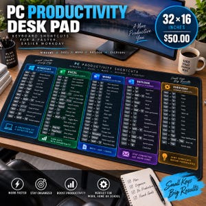 以下が含まれることがあります： Windows、Excel、Word、Outlookおよび日常業務のキーボードショートカットが印刷された黒い長方形のデスクマット。マットにはアイコンとテキスト付きの整理されたコマンド列が表示されており、サイズは81.28 x 40.64 cmです。