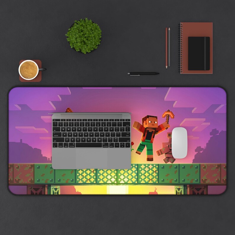 Minecraft Inspired Gaming Desk Mat | Pixel Game Scene, Sunset Adventure ...