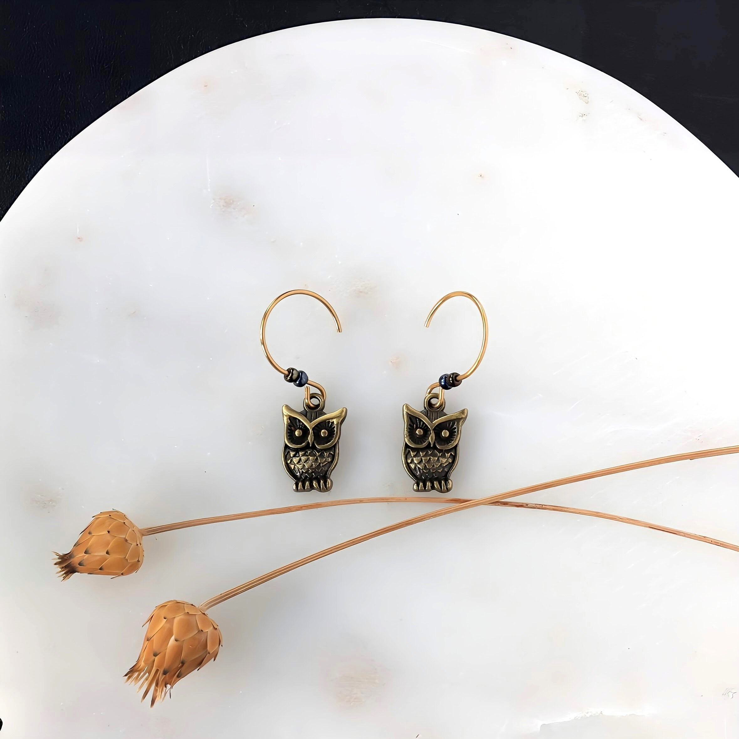 Owl Charm Earrings: Antique Bronze Bird Dangles, Hypoallergenic