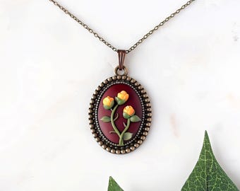 Yellow Rose Pendant Necklace: June Birth Flower - Vintage Style Polymer Clay Floral Jewelry