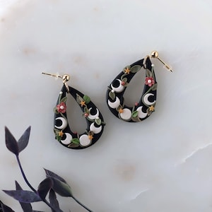 Floral Moon Phase Earrings: Black Botanical Teardrop w/ Gold Posts - Polymer Clay Jewelry