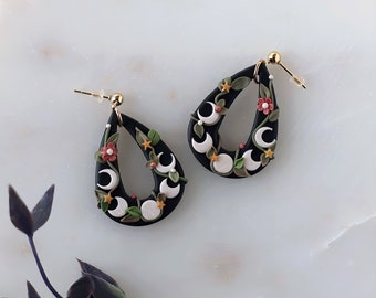 Moon Phase Earrings Mystical Jewelry, Celestial Moons with Flower and Leafy Star Vines, Handmade Polymer Clay Teardrop Earrings, Witchy Gift