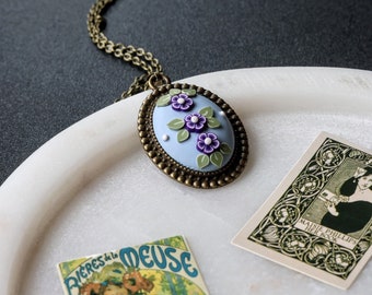 Violet Flower Necklace: Polymer Clay Birth Flower Jewelry -  Floral Cameo in Antiqued Pendant