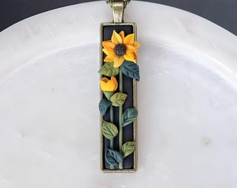 Sunflower Necklace - Polymer Clay Floral Pendant in Antique Bronze, Rustic Boho Jewelry