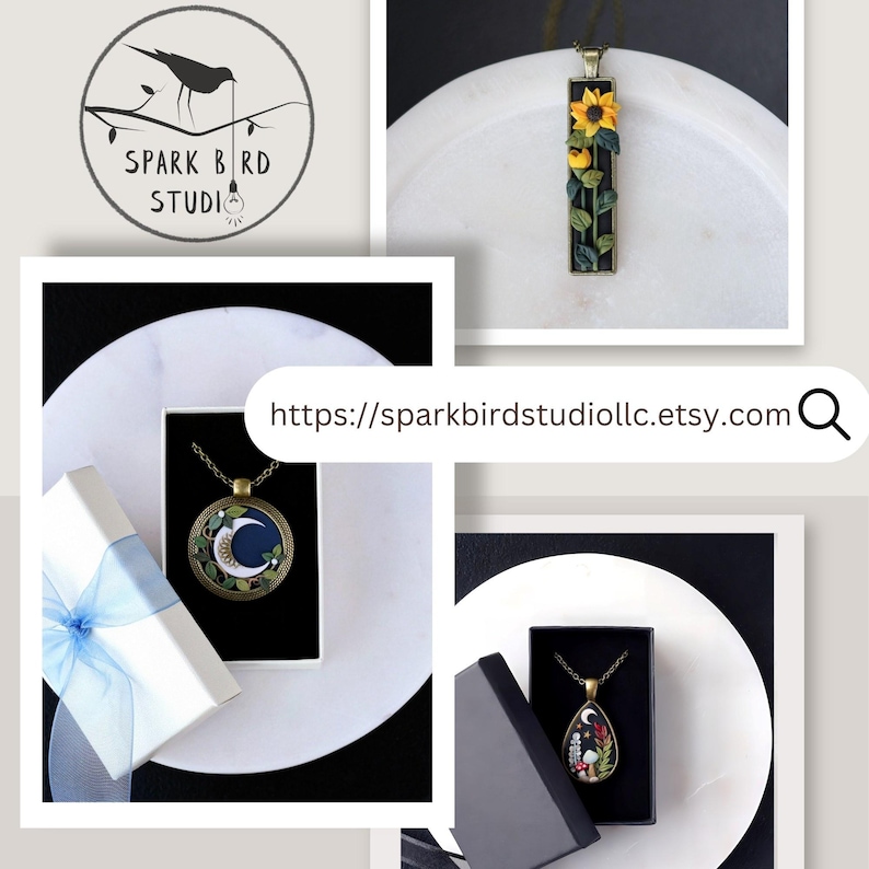 Spark Bird Studio collage featuring three handcrafted polymer clay necklaces: a yellow sunflower necklace, a crescent moon necklace with leaf accents, and a dark mushroom forest necklace. The Spark Bird Studio LLC logo and Etsy shop link appear beside them.