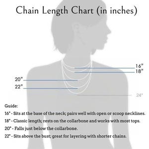 Illustrated necklace-length guide for 16", 18", 20", and 22" chains on a woman’s silhouette.
- 16" sits high at the base of the neck.
- 18" rests on the collarbone.
-  20" falls just below the collarbone.
-  22" sits above the bust, ideal for layering with shorter chains.