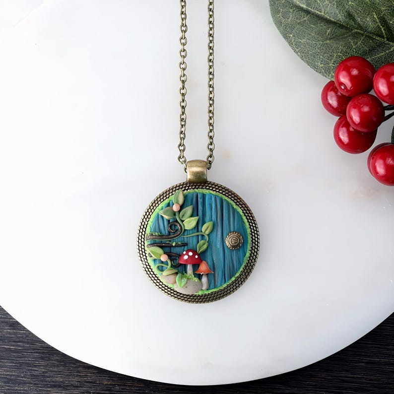 Hobbit Door Pendant Necklace: Fantasy Book Lover Jewelry - Polymer Clay Cottage Door, Tolkien Fan Gift A. Mushrooms