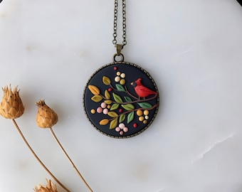 Cardinal Necklace: Polymer Clay Symbolic Red Bird Jewelry - Vintage Style Botanical Pendant