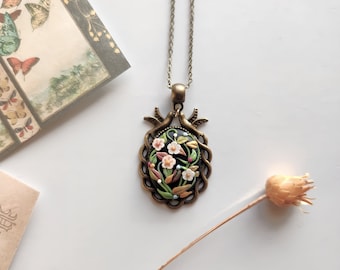 Victorian Flower Pendant Necklace with Birds, Antique Brass Necklace Handcrafted Polymer Clay Pendant Vintage Botanical Design, Jewelry Gift