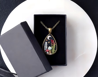 Mushroom Moon Necklace: Woodland Forest Pendant  - Polymer Clay, Vintage Brass