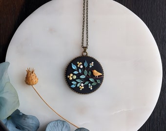 Bird Necklace: Botanical Yellow Songbird  Pendant - Polymer Clay Jewelry with Vintage Brass