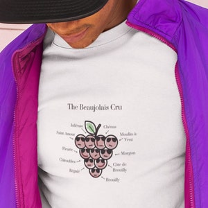 May include: A white t-shirt with a graphic of a bunch of grapes with the text "The Beaujolais Cru" and the names of the different Beaujolais Crus. The shirt is being worn by a person wearing a purple jacket and a black baseball cap.