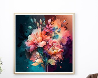 Watercolor Floral Bouquet Print: Iridescent Home Decor (Digital Download)