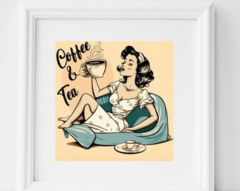 Coffee cup digital art prints, Retro 50's girl, vintage, coffee, tea, printables, instand download