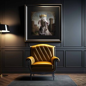 May include: A framed portrait of a dog wearing a gold crown, set against a dark background with a gold armchair and a floor lamp.