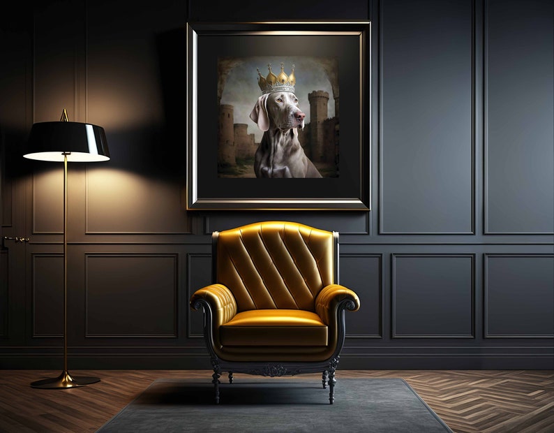 May include: A framed portrait of a dog wearing a gold crown, set against a dark background with a gold armchair and a floor lamp.