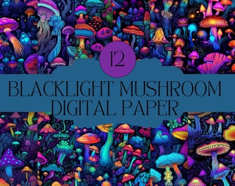 Neon Mushroom Digital Paper: Blacklight Psychedelic Seamless Design (PNG, JPG)