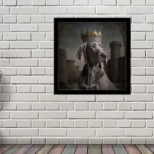 May include: A gray Weimaraner dog wearing a gold and silver crown, set against a backdrop of a medieval castle.