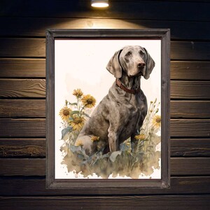 Weimaraner Dog Portrait in sunflowers Art Digital Download Dog Wall Art Poster, Original Paint Artwork, Gift