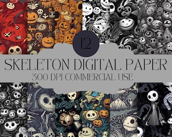Tim Burton Skeleton Digital Paper: Seamless PNG JPG (12x12)