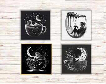 Coffee Cup Art Prints, Moon Stars Decor (Digital Download)