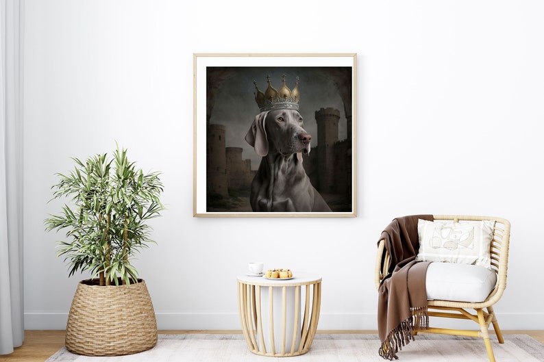 May include: A Weimaraner dog wearing a gold crown sits in front of a castle backdrop. The dog is looking to the right of the image. The background is a dark, textured, and slightly blurred.