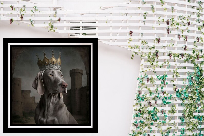 May include: A gray Weimaraner dog wearing a gold and silver crown, posed in front of a stone castle backdrop.