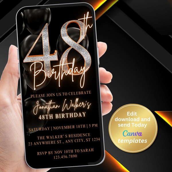 Digital 48th Birthday Invitation Template, 48th Bday Invite, Phone Text Message, Digital Invite, Editable Template, Instant Download