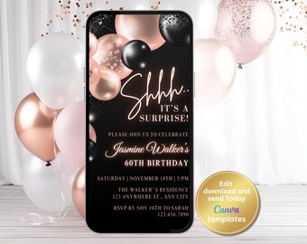 Digital Black Rose Gold Surprise Birthday Invitation, Shhh It’s a Surprise, Editable Phone Evite