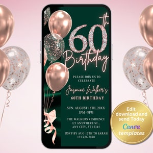Digital Women's 60th Birthday Party Invitation with Rose Gold Diamond Numbers, Rose Gold Balloons Birthday Dinner - Instant Download