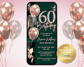 Digital Women&#39;s 60th Birthday Party Invitation with Rose Gold Diamond Numbers, Rose Gold Balloons Birthday Dinner - Instant Download