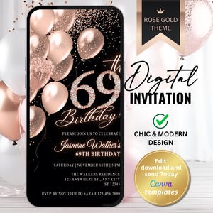 Digitale uitnodiging 69e verjaardagsfeestje, roségouden uitnodiging, telefoontekstbericht, digitale uitnodiging, bewerkbare sjabloon, direct downloaden