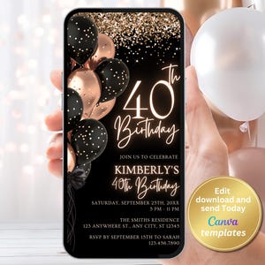 Digitale Einladung zur 40. Geburtstag - Rose Gold Elegante Geburtstagsvorlage - Bearbeitbar für jedes Alter - Sofortiger Download